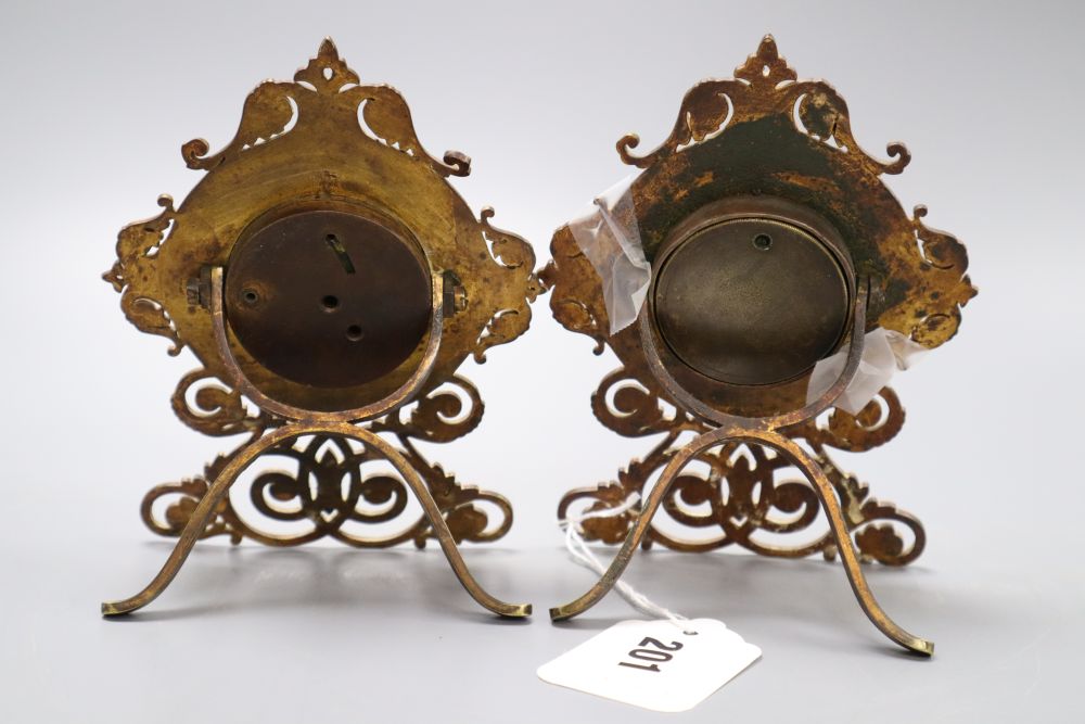 A pair of enamelled gilt metal desk pieces, barometer and timepiece, height 15cm